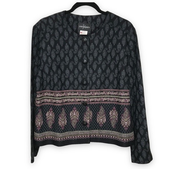 Vintage Jackets & Blazers - Vintage John Roberts Paisley Back Pleats Buttons Black Boxy Jacket Women's 14